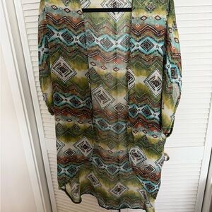Wet Seal Olive Green & Teal Printed Sheer Cardigan